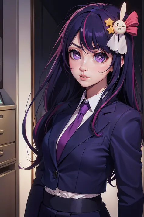 Hoshino Ai, long hair, purple hair, streaked hair ,purple eyes, star-shaped pupils, hair ornament, Business Suit