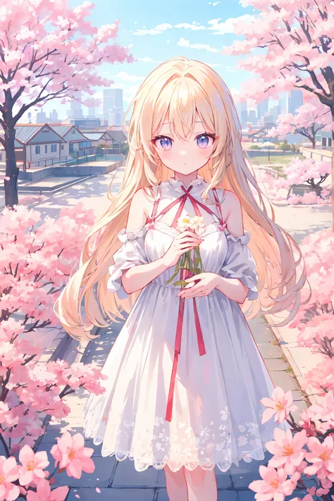 animated girl, longs cheveux blancs, yeux blonds pastel, dans une belle robe blanche, Looking at the camera, avec un beau fond d&#39;une ville avec des sakura, bonne anatomie, 8K, high resolution