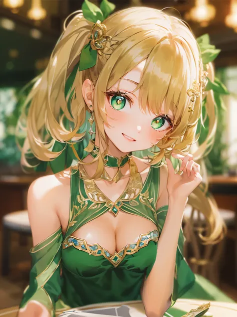 (highest quality:1.4, High resolution:1.4, table top:1.4), 
Teenage girl,Black twin tails,bangs bangs,golden hair ornament,Green pupils,
natural makeup,Green dress,Clavicle protrusion,cleavage,
long skirt,Evening Party Venue,Chatting