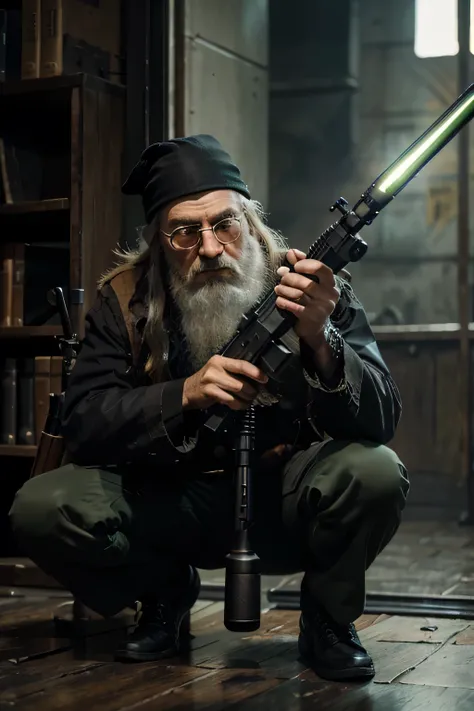 wizard, old_wizard, aged, unkempt_beard, mechanical_augments, glass_monocle, single_monocle_in_left_eye, holding_scifi_rifle, rifle_glowing_green, gauss_rifle, scifi_rifle, plasma_rifle, sniping_on_window, crouched_down, sniper, sniper_wizard, energy_rifle