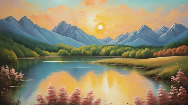 (simple,minimalistic,boho style,soft colors), oil painting, detailed brushstrokes, small canvas, peaceful scenery, delicate flowers, warm sunlight, dreamy atmosphere,distant mountains, tranquil lake, soft pastel tones, natural textures, subtle patterns, ge...