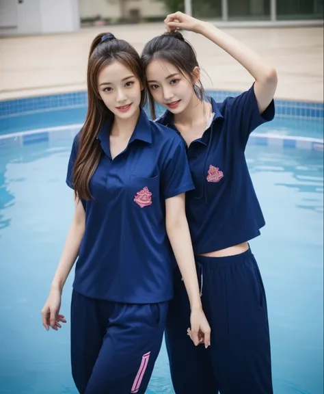 2 girls in the swimming pool, navy blue short-sleeved shirt,navy long trackpant,sweatpants, sweatpantsขายาว,25 year old girl, le...