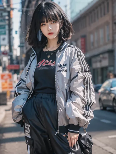 wearing adidas black track jacket, wearing big cargo pants, kawaii, Bewitching eyes, well-balanced eyes, //street snap //fashion model posing, ((facing viewer)), //at the street, //japanese lady, pale skin, //short hair, blue hair, //((standing)), high qua...