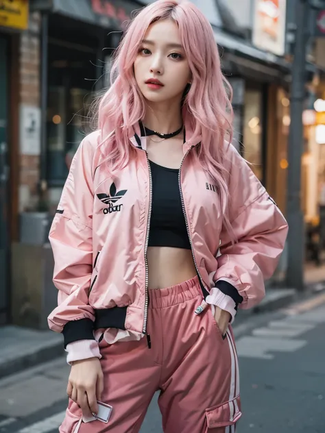 wearing adidas big black track jacket, wearing big cargo pants, kawaii, Bewitching eyes, well-balanced eyes, //street snap //fashion model posing, ((facing viewer)), //at the street, //japanese lady, pale skin, //long hair, pink hair, //((standing)), high ...