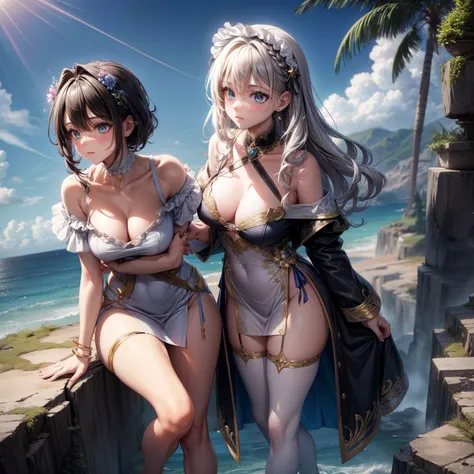 （8K ，Ultra-detailed，Super real photos，Best masterpiece，Nature，perfect work of art，perfect female body），two women，Sister and sister， sisters，rainbow hair，perfect face，（huge tits），neighbor wife，woman hairstyle，elegant wife，on the cliff，delicate and revealing...