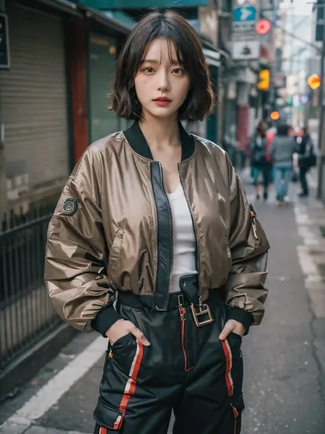 wearing gucci big black track jacket, wearing big cargo pants, kawaii, Bewitching eyes, well-balanced eyes, //street snap // ((facing viewer)), //at the street, //japanese lady, pale skin, //short hair, //((standing)), high quality:1.3, Professional lighti...