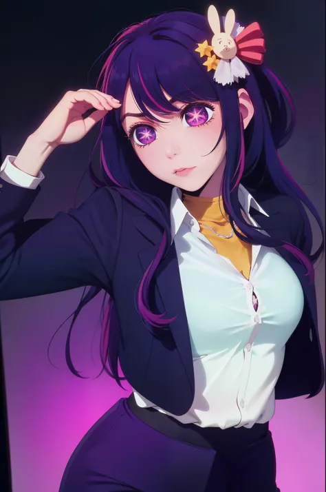 Hoshino Ai, long hair, purple hair, streaked hair ,purple eyes, star-shaped pupils, hair ornament, Business Suit