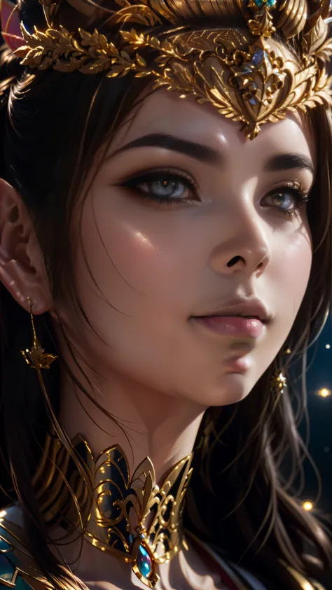 a close up of a woman with a gold crown on her head and pink lips, she has elf ears and gold eyes, beautiful character painting, cinematic goddess close shot, hyper realistic anime, 3 d anime realistic, anime realism style, 8k artgerm bokeh, stunning anime...