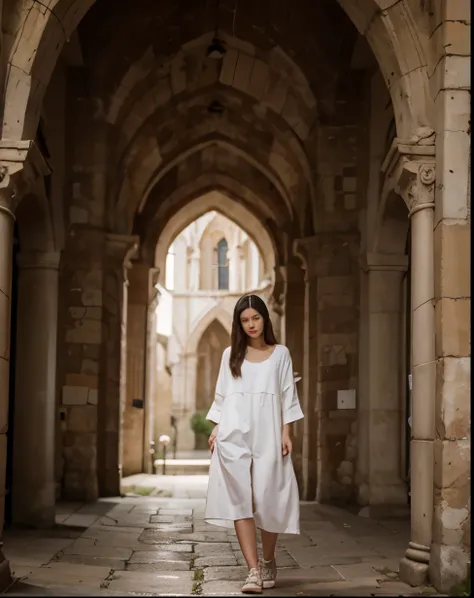 A woman dressed in comfortable clothes in front of an ancient church 