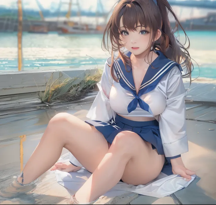 highest quality, realistic、8k wallpaper, (beautiful目), ((beautiful)), (Lovely) ,(((1 girl))),23 years old,((long ponytail with brown hair))、（big and full breasts）、soft light、（embarrassing）、((sailor suit、navy blue mini skirt))、(panty shot、black panties)、(se...