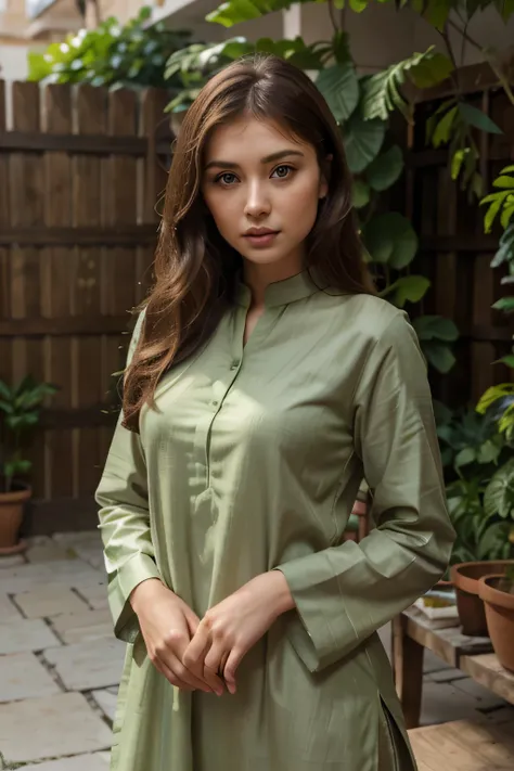 brunette woman in a pakistani shalwar kameez , at Home, in a courtyard, girl with green eyes, anna nikonova aka newmilky, portrait sophie mudd, soft portrait shot 8 k, style of julia razumova, olga buzova, brown hair and a perfect body, julia gorokhova, wi...