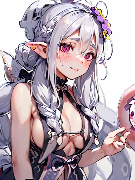 (gray hair:1.2),(braided long hair:1.3),(hair tied up loosely:1.25),(big ribbon:1.3),(Eye size:1.5),(sphere accessories:1.3),((Sabot fashion:1.4)),(Background full of blooming flowers:1.5),(blush),(upward glance:1.3),(small breasts:1.2),((look up:1.25)),(s...