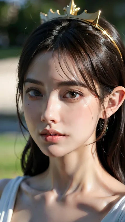 ((best quality)), ((masterpiece)), (detailed), perfect face, a woman with a gold crown on her head, she has elf ears and gold eyes, beautiful character painting, cinematic goddess close shot, hyper realistic anime, 3 d anime realistic, anime realism style,...