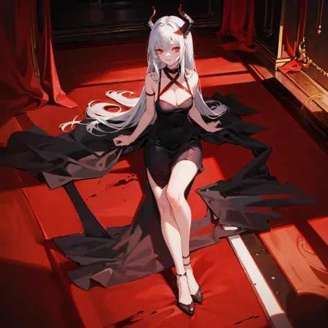 women sitting on the floor in room with red lighting, wearing a black dress with cleavage, long hair, horns, (blood) on the floor, red glowing eyes
