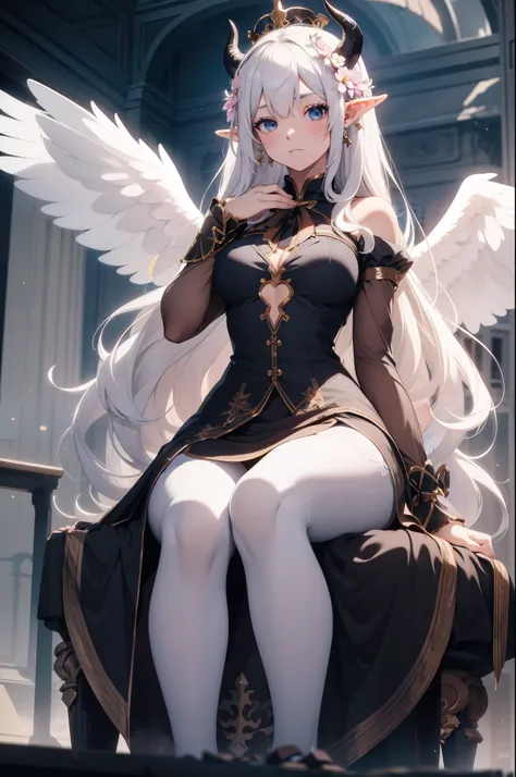 giant girl 50,000 feet high,Weight 1000kg,Has a pair of long legs,Open your eyes wide,Has three pairs of huge white angel wings,With huge devil horns on his head,crown on head,Elf wearing white earrings,She has long pink hair that reaches her feet,loose ha...