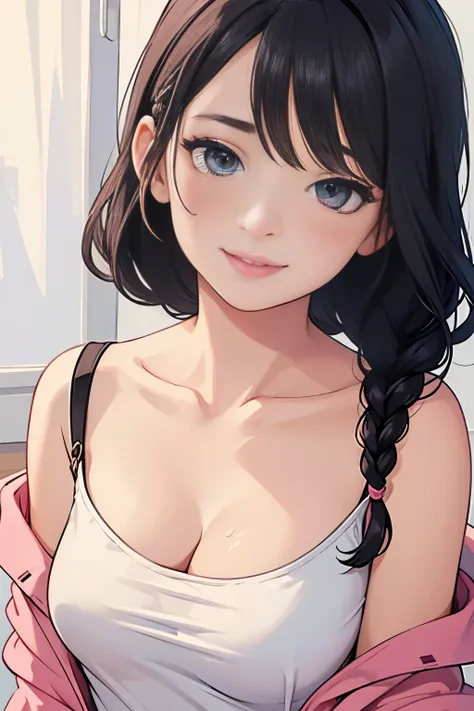 Sexy and cute woman, woman in love, black hair braided, very seductive and soft eyes, blushing hard, pink lips parted, seductive smile, long neck, collarbone, medium chest, cleavage, off shoulder t shirt, no straps, bare shoulders