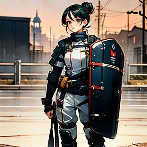 ((Masterpiece)), ((High Quality)),realistic style, anime girl, full-length, Black hair tied in a bun with bangs, grey eyes. ,Composed and focused, tall , strong , athletic, simple, practical clothing, standing straight. black kneepads and elbow pads, holdi...