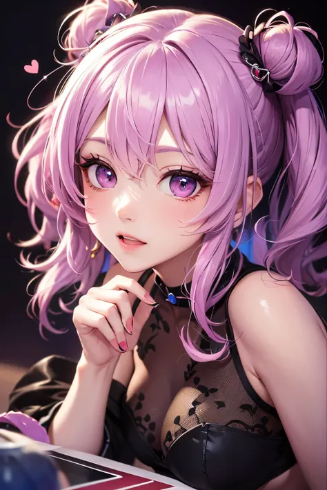 striped hair,Pink twin-tailed hair, Hello,  mole under eye, mole under mouth, heart-shaped eyes, long eyelashes, pink eyes, Heart-shaped choker、Full body Esbian、look at the viewer、shy, blush, tooth, ear blush, nose blush,anime style, color field painting, ...