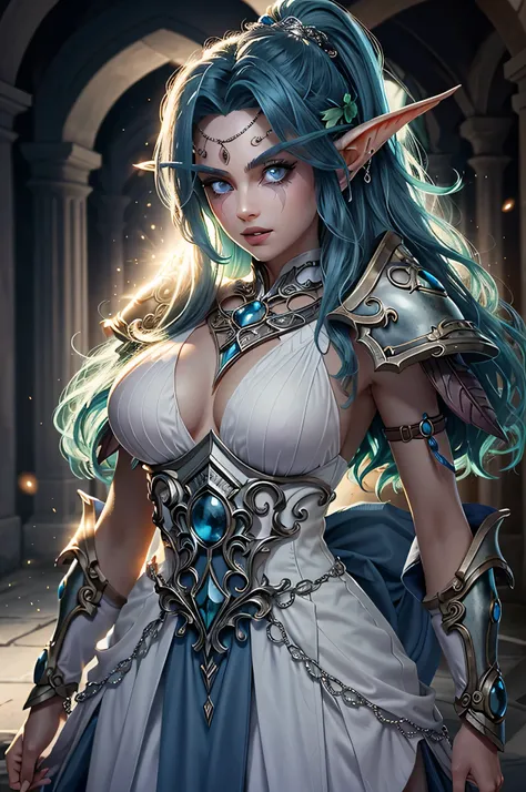 (chef-d&#39;ouvrages d&#39;art, best quality) WOWTyrande, 1fille, seulement, cheveux longs, cheveux bleus, queue de cheval, arme, armure, oreilles pointues, glowing, colored skin, elfe, armure d&#39;shoulder, pauldrons, arc (arme), yeux blancs, pas d&#39;p...