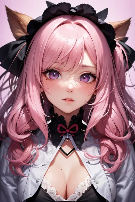 striped hair,Pink twin-tailed hair, Hello,  mole under eye, mole under mouth, heart-shaped eyes, long eyelashes, pink eyes, Heart-shaped choker、Full body Esbian、look at the viewer、shy, blush, tooth, ear blush, nose blush,anime style, color field painting, ...