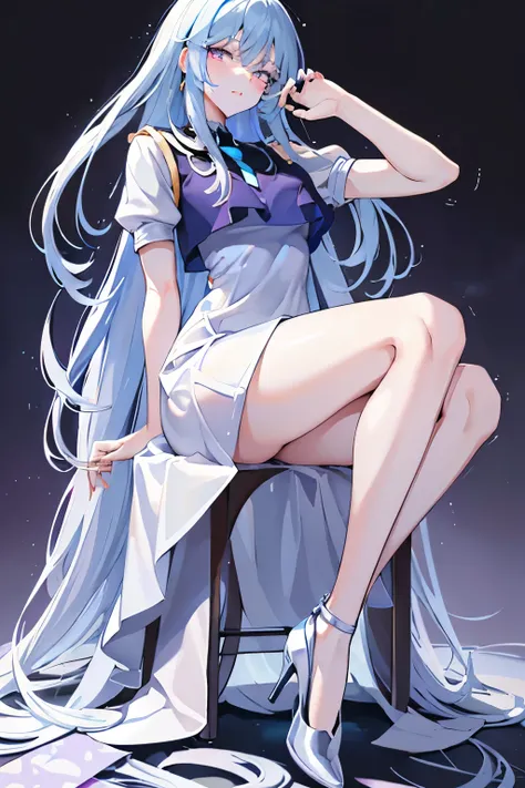 (white high heels), (blue prom dress), (dancing), (purple eyes), (white skin), (long dark blue straight hair), (우아한 blue dress),...