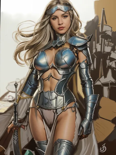 um desenho de uma mulher em armadura com uma espada, lápis e tinta, franco para, inspirado em Clyde Caldwell, Direção: Evan Charlton, desenho detalhado, por Sava Šumanović, por Rick Naguaro, tinta e lápis, David Finch •, Direção: Glenn Fabry, Direção: Leo ...