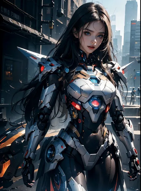 rough skin, Super detailed, advanced details, high quality, better quality, High resolution, 1080P, hard disk, beautiful,(Iron Patriot),beautifulサイボーグの女性,Mecha cyborg ,battle mode, With mechanical body,She wears a futuristic Iron Patriot mech,full body sho...