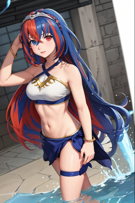 (extremely detailed cg),(best quality),1girl, alear \(fire emblem\), heterochromia, crossed bangs, split-color hair, tiara, swim...