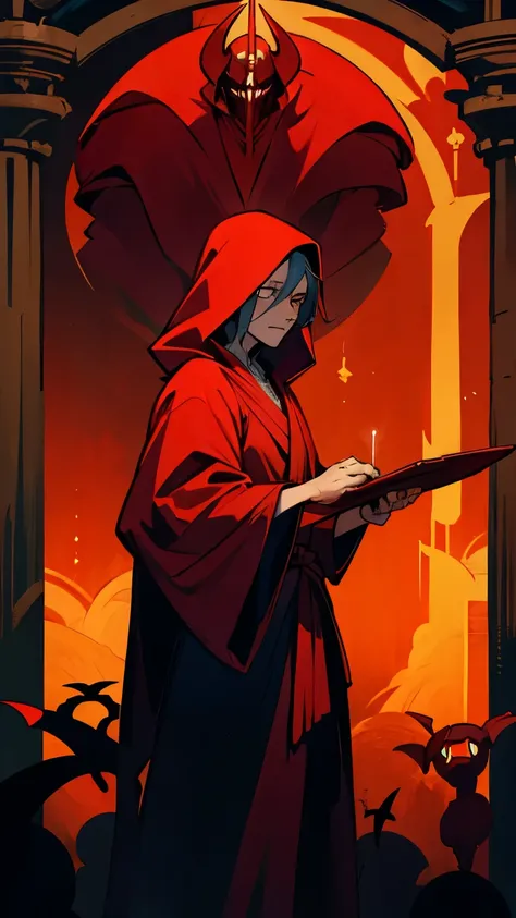 cultist from a sect who worships demons, in a red robe, with red hood, in fantasy