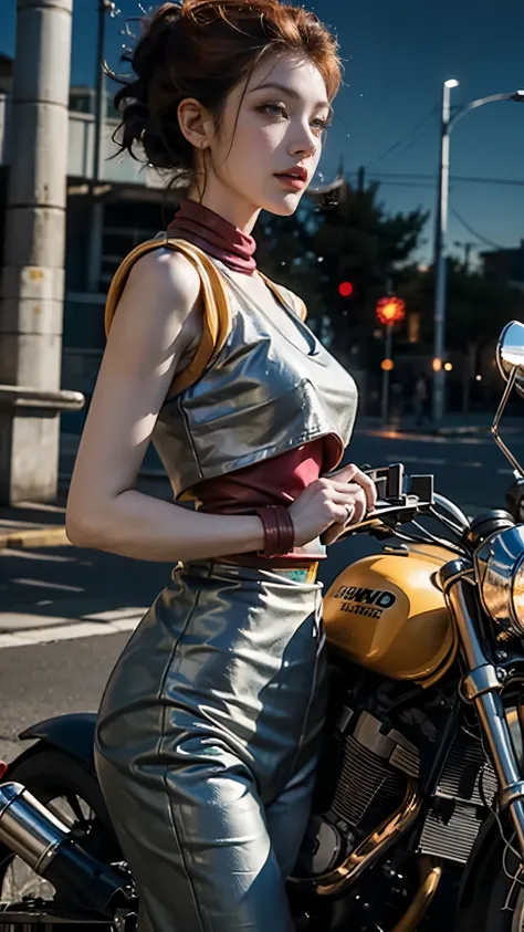 8k, Best Quality, (Beauty), High Resolution, Realistic, Real People, A stylish art thief, reminiscent of Cats Eye or Fujiko Mine from Lupin III, escaping on a motorcycle. The thief is a woman with a chic, retro look, wearing a form-fitting outfit thats bot...