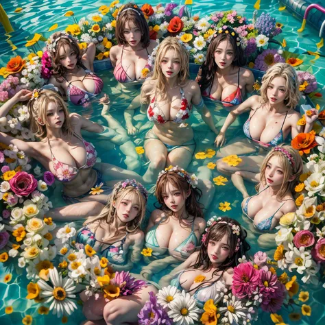 (Full of colorful flowers, White and Red, ((Overhead shot))), (Acutance:0.85), ((NSFW:-0.95)), (Exposed:1.1), (((nipple:-0.99))) . ((Group photo of 6 girls (laying in a pool filled with flower:1.25), with flower costumes)), (Full of flowers covering and su...