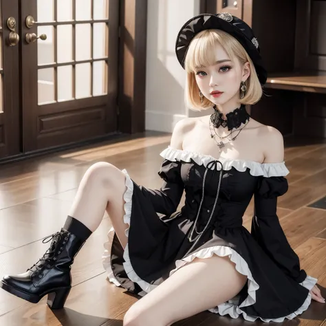 ((highest quality)), ((masterpiece)), (be familiar with), perfect face、20-year-old、gothic  fashion、gothic lolita clothes、double eyelids、tear bag、beautiful eyes、blonde、short bob、skirt、indoor、normal brightness lighting、earrings、necklace、　knee high socks、boot...