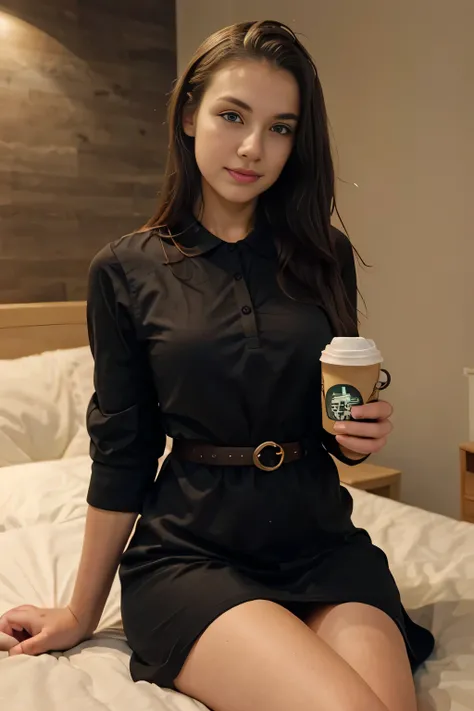 A European girl 22 year old, selfie photo, polo dress, waist up shot, sitting on bed, holding starbucks coffee in hand