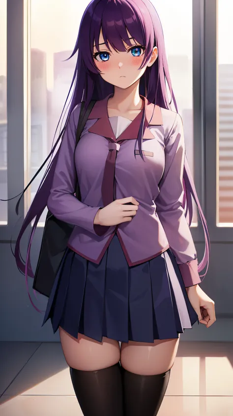 Hitagi Senjōgahara, Hitagi Senjōgahara, long hair, blue eyes, purple hair, (Medium chest:1.2), 
break skirt, Thighhighs, school uniform, tie, black Thighhighs, zettai ryouiki, naoetsu high school uniform, Light purple shirt,
break indoors, classroom,
break...