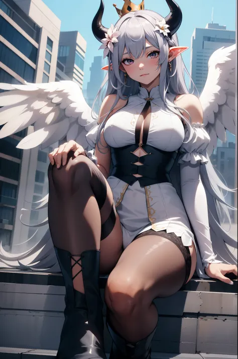 giant girl 50,000 feet high，Weight 1000kg，Have a pair of long legs，Keep your eyes open，Has three pairs of huge white angel wings，With huge devil horns on his head，wear a crown on your head，Elf wearing white earrings，She has long pink hair that reaches her ...