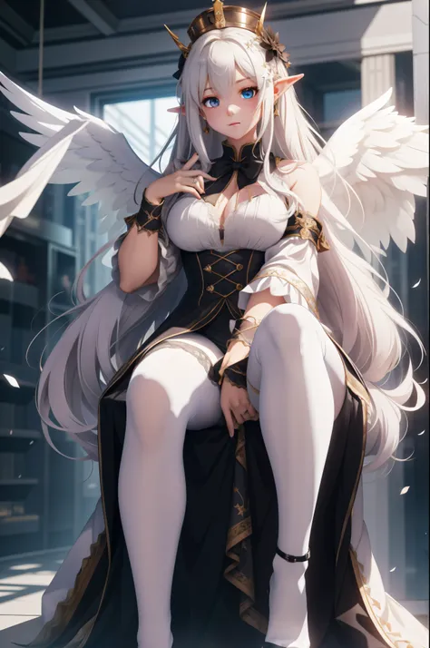 giant girl 50,000 feet high,Weight 1000kg,Have a pair of long legs,Keep your eyes open,Has three pairs of huge white angel wings,With huge devil horns on his head,wear a crown on your head,Elf wearing white earrings,She has long pink hair that reaches her ...