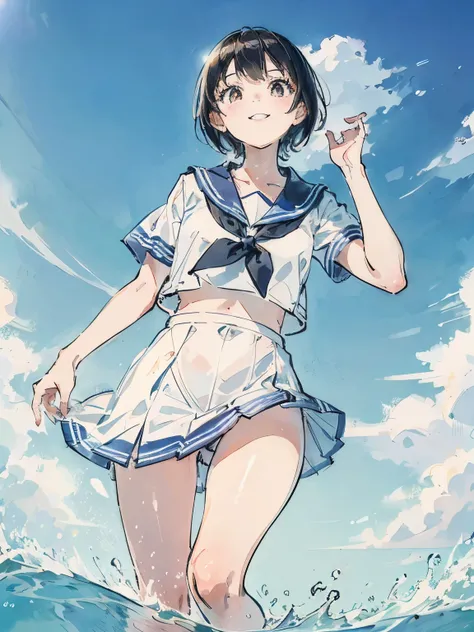 Close-up of a girl in a sailor suit with short black hair、beach、smile、Gravure style、Take from below、Looking up