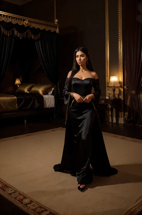 black Arabian princess with black silk gown and head tire in an expensive royal  room with exquisite meal,incense and gold round her around her