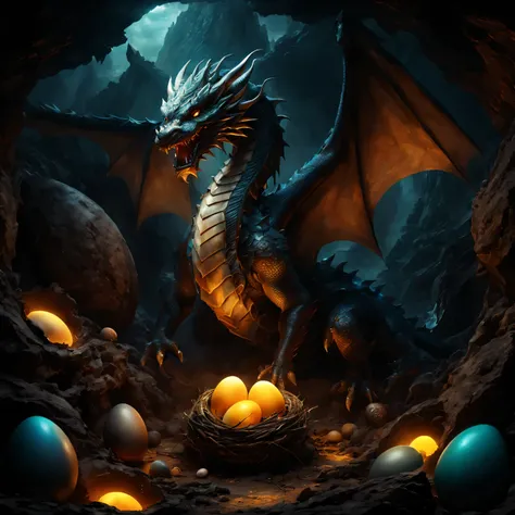 (best quality,4K,high resolution,masterpiece:1.2),dramatic lighting,Dragon eggs,Nest,spongy,hatch dragon,Detailed scale,emerge from darkness,bright colors,concept art,crackling shells,Steam,surrounded by ancient symbols,glow,mythical character,ancestral en...