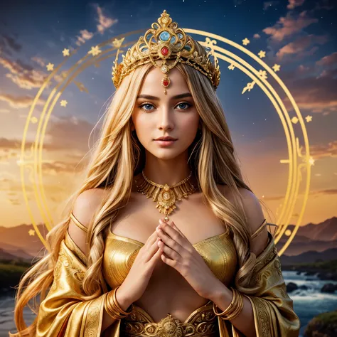 "Visualize a majestic representation of the Slavic goddess Lada, whose presence exudes grandeur and wealth. Her golden hair, as soft as strands of gold, flows in gentle waves over her shoulders. Her vibrant blue eyes radiate wisdom and benevolence.

The go...