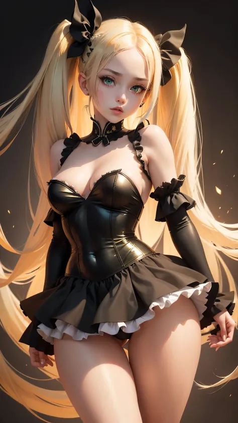 (nsfw:0.8), (high quality),(high detail),(high resolution),(perfect anatomical structure), 1 girl of unearthly beauty, (angel: 0.5), (demon:0.5), left wing white, right black, (double pigtails), golden hair color, ((high facial detail)), green eyes, black ...