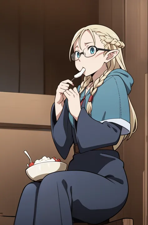 high-detailed, full body, 1girl, dmarci, robe, sitting, eating, ((glasses))