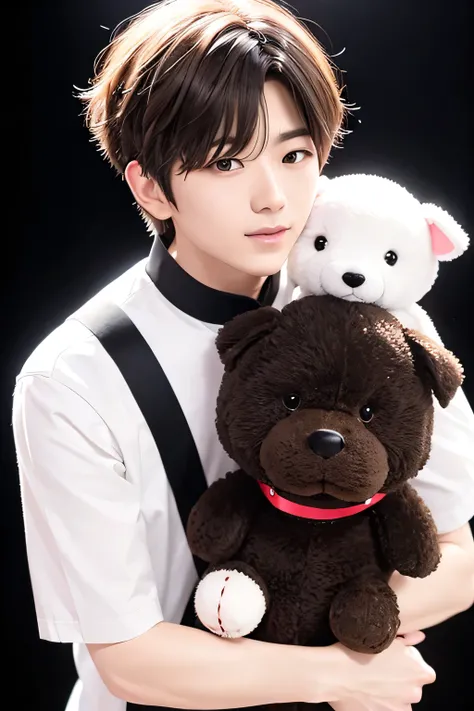 1 person、high quality，masterpiece，8K, (head shot),、、、、、、(big shirt)、、(put a stuffed dog on your shoulder)、((jet-black background:1.3))、、(brown messy hairstyle)