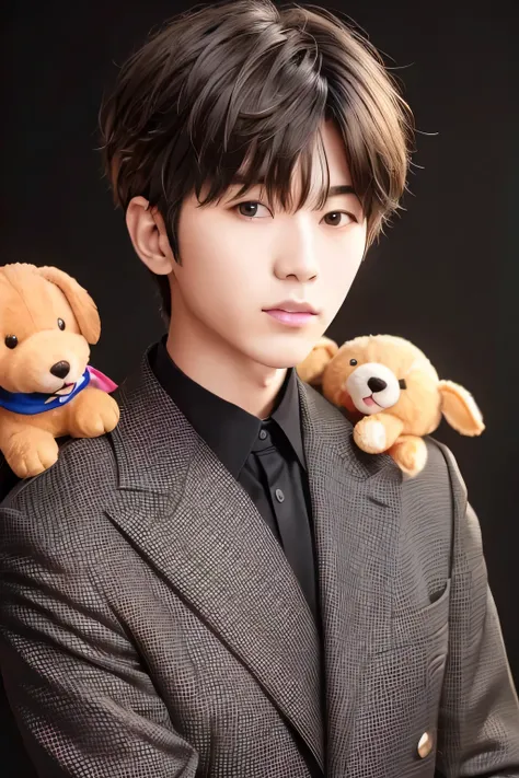 1 person、high quality，masterpiece，8K, (head shot),、、、、、、(Shirts and jackets)、、(put a stuffed dog on your shoulder)、((jet-black background:1.3))、、(brown messy hairstyle)