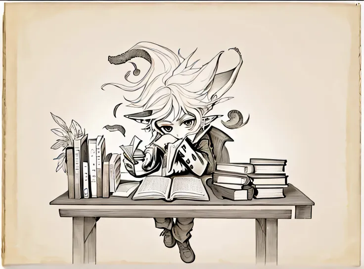 a drawing of a little elf, with long fluffy ears, sitting on a table with a book, inspired by tony diterlizzi, by tony diterlizz...