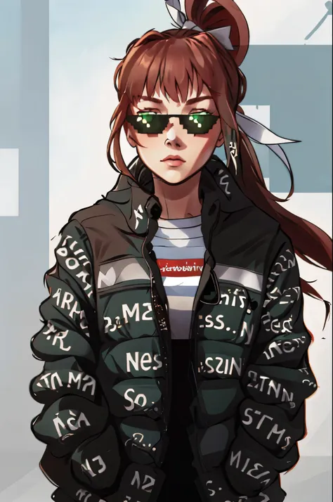 monika, green eyes, brown hair, very long hair, ponytail, hair ribbon, white ribbon drip jacket  incrsdealwithit sunglasses