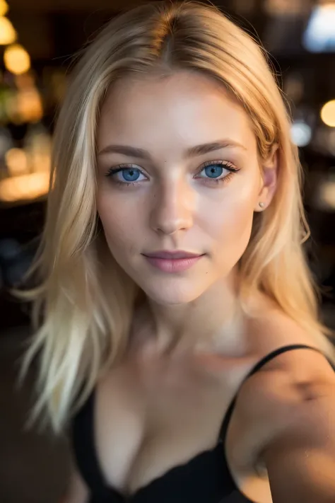 (Selfie-Aufnahme, from above: 1.4), (half-Body portrait: 1.4), 24-year-old Blonde (Frau mit haselnussbraunen Augen) walking in a Bar RAW uhd portrait photo, large natural Breast-B,city Background at Nacht, (Gelbes Sommerkleid), (Riss), meticulously detaile...