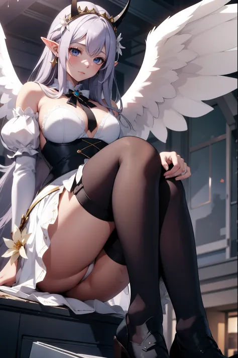 giant girl 50,000 feet high，Weight 1000kg，Has a pair of long legs，Open your eyes wide，Has three pairs of huge white angel wings，With huge devil horns on his head，crown on head，Elf wearing white earrings，She has long pink hair that reaches her feet，loose ha...