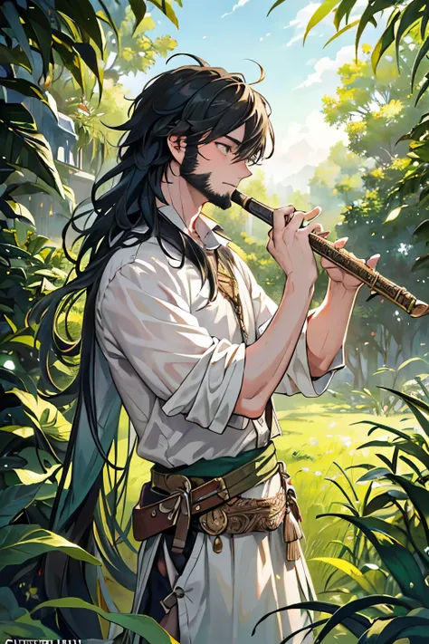 Realistic illustration: A boy in jungle style attire, perched on a elegant white cow, plays a flute with an intense expression. His long, unkempt hair and scattered facial hair add to the rugged realism of the scene. In the background, lush green foliage a...