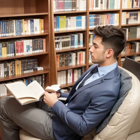 make a man reading the transparent modern book in modern Library 